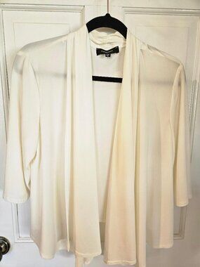 R & M Richards stretchy satin beige 3/4 sleeve draped top cardigan, XL